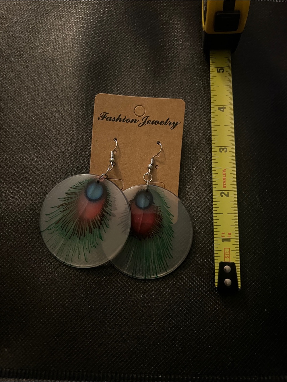 Fashion Jewelry Peacock Feather Disc Drop Earrings in Green, Blue and Red